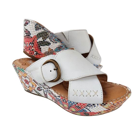 Born Curstyn White Leather Floral Wedge Sandals 7M Comfort Hippie Summergirl - Picture 2 of 9